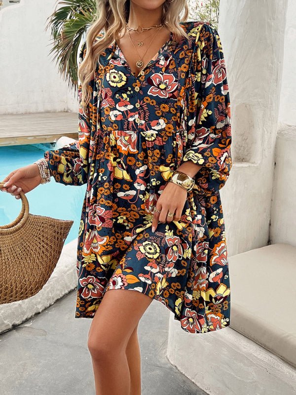 New V - neck loose casual full - body printed dress - Casual Dress
